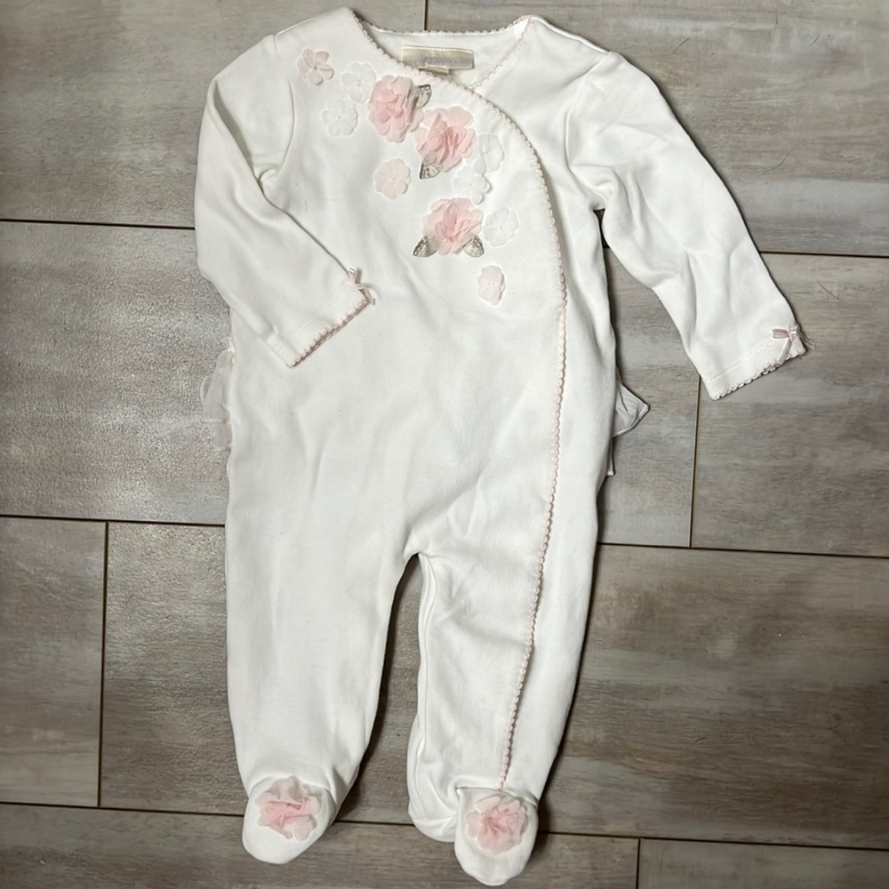Miniclasix baby girl white one piece with 3D flowers and bows for 6 month olds